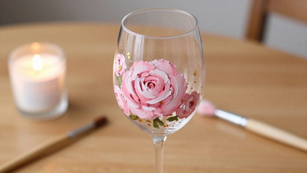 21 Chic Wine Glass Painting Ideas for Stylish Dinner Parties Painted pink rose on wine glass with gold dots beside lit candle on wooden table.