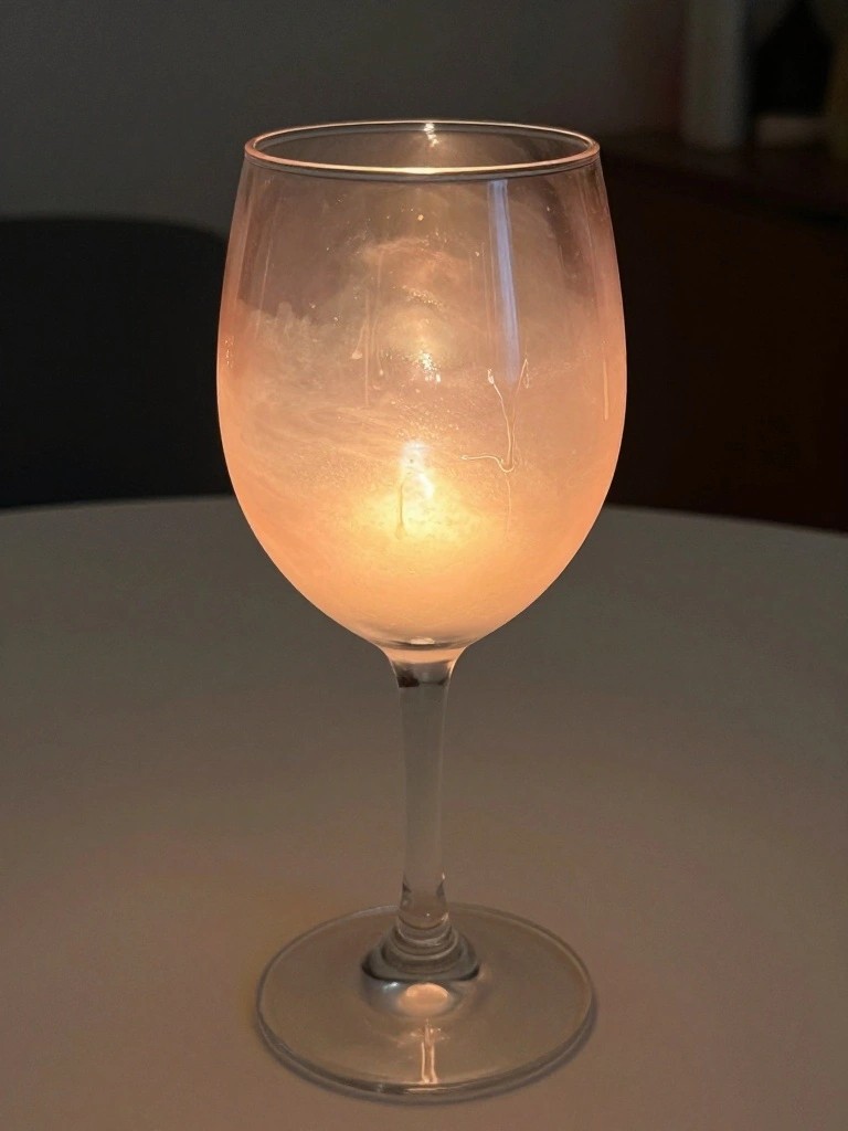 A wine glass with cloudy frosted paint glowing from a light inside, sitting on a white table.