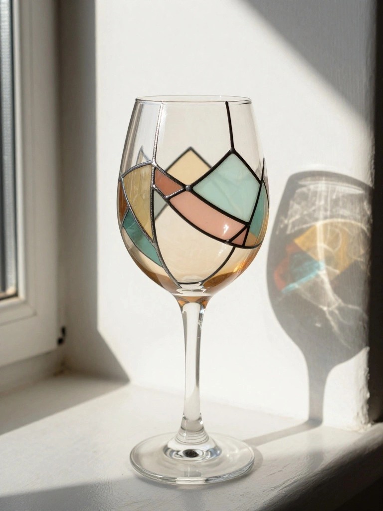 Stained glass wine goblet on sunny windowsill casting colorful shadow on wall.
