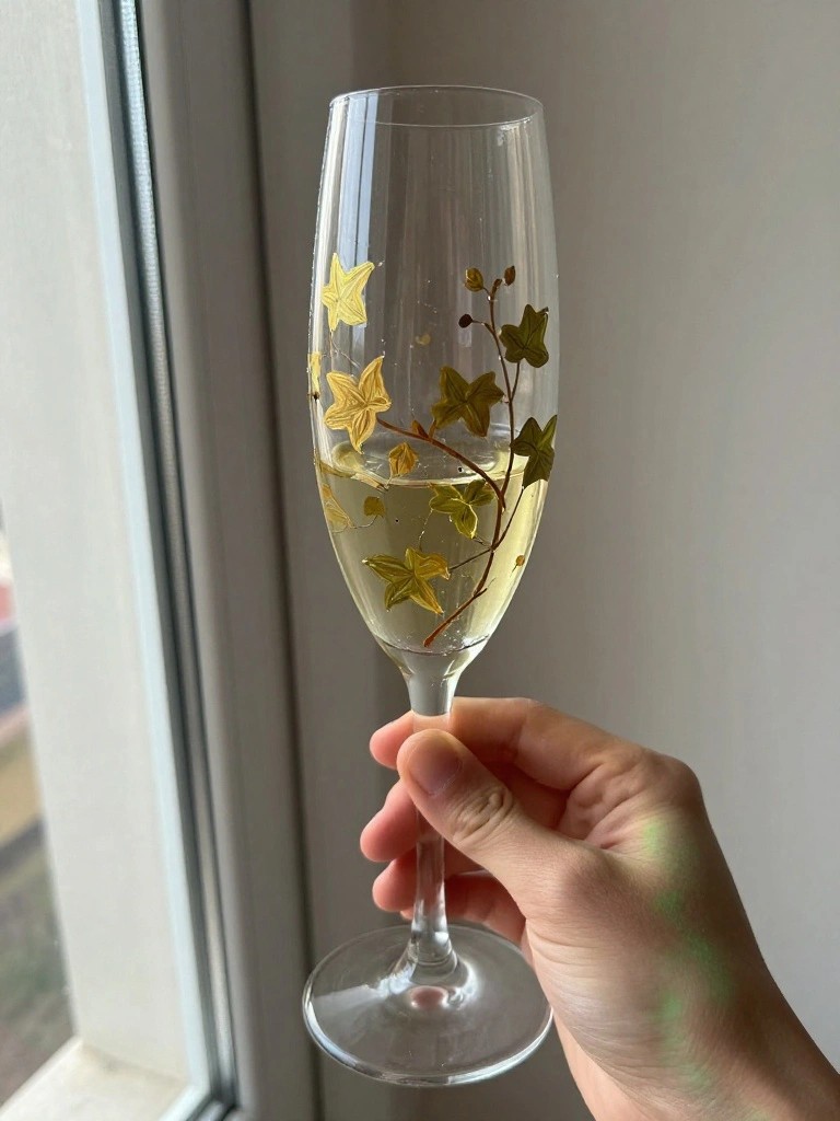 Hand holding gold-and-green leaf-decorated champagne flute filled with pale bubbly liquid