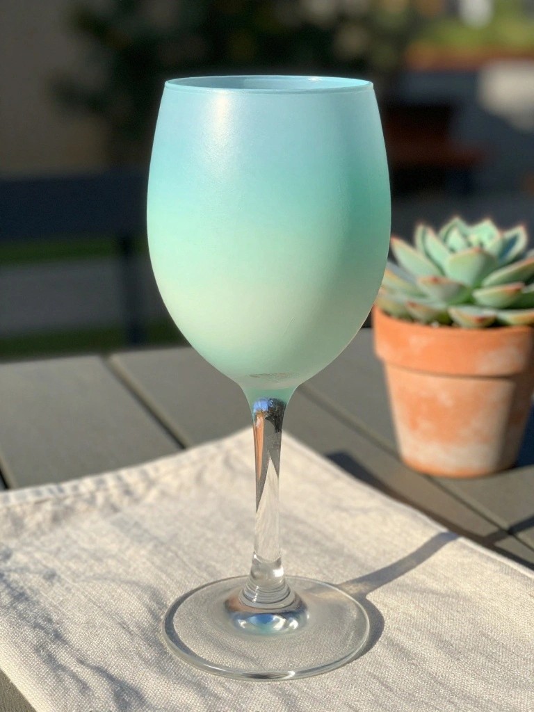 Matte turquoise wine glass on linen napkin beside potted succulent on wooden table