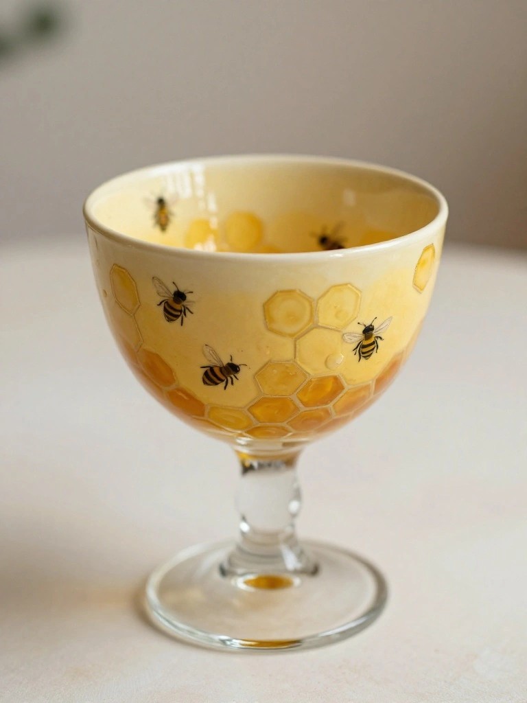 Yellow ceramic goblet with bees and honeycomb patterns on glass stem.