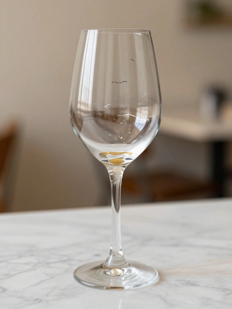 A clear stemmed wine glass with a simple black line face painted on the bowl, resting on white marble.