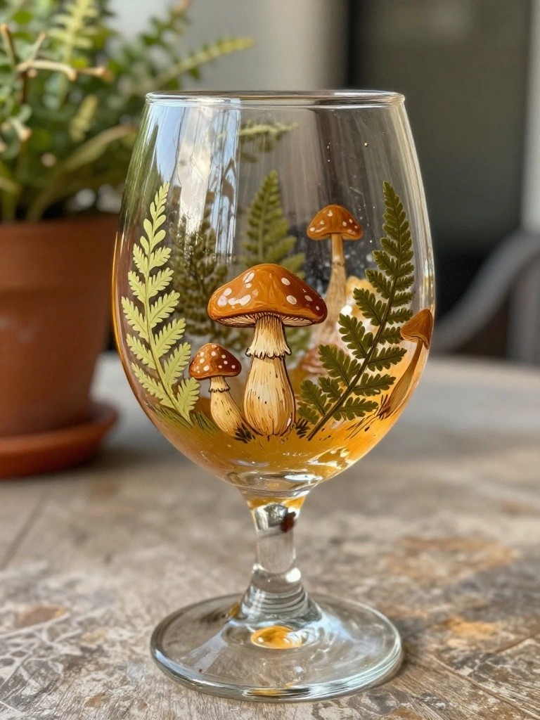 A clear stemmed wine glass with painted brown mushrooms and green fern leaves on the bowl.