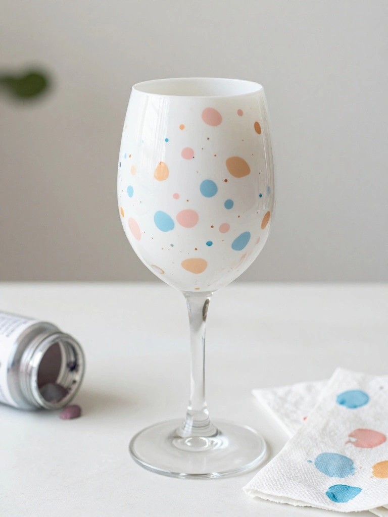 Wine glass with pastel pink blue orange dots beside spilled paint jar and towel