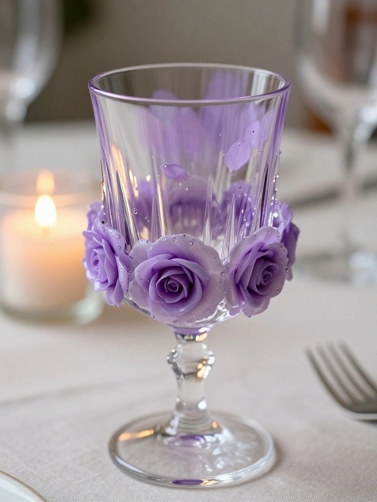 A clear stemmed wine glass decorated with a band of purple roses around the lower bowl, sitting on a table next to a lit candle and a fork.