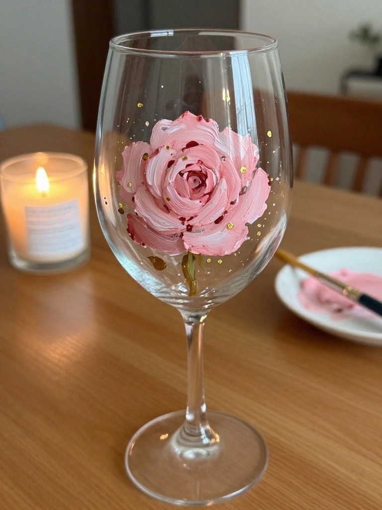 Painted pink rose on wine glass with gold dots beside lit candle on wooden table.