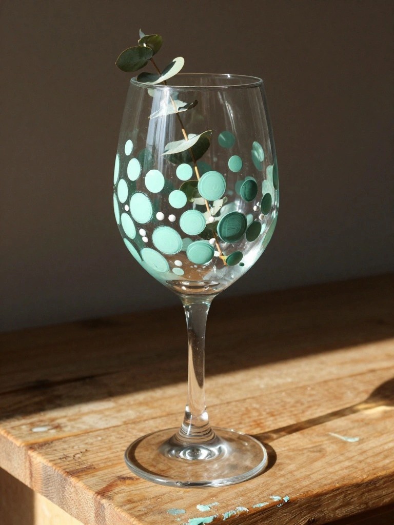 Decorated wine glass with mint green dots and eucalyptus on wooden table