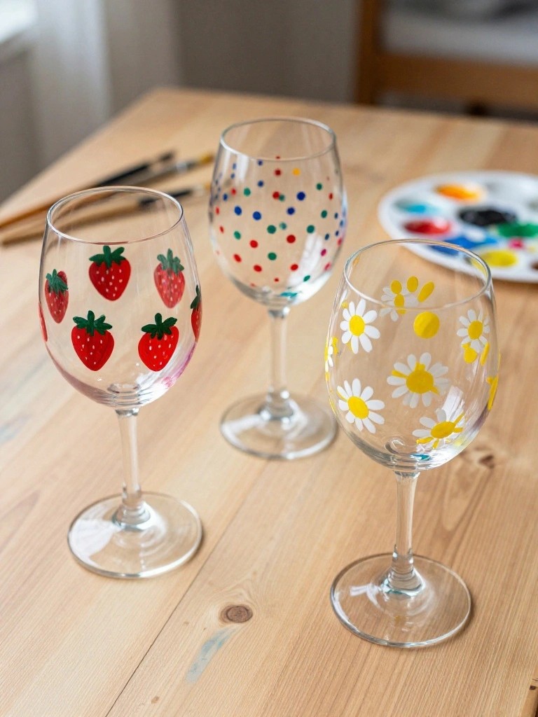Three hand-painted wine glasses with strawberries, dots, and daisies on wooden table.