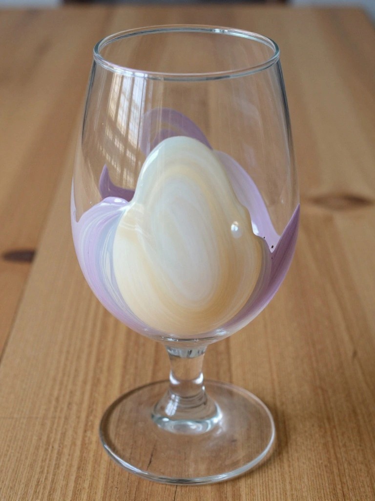 A clear stemmed wine glass with purple and cream swirled paint on the bowl resting on a wooden surface.