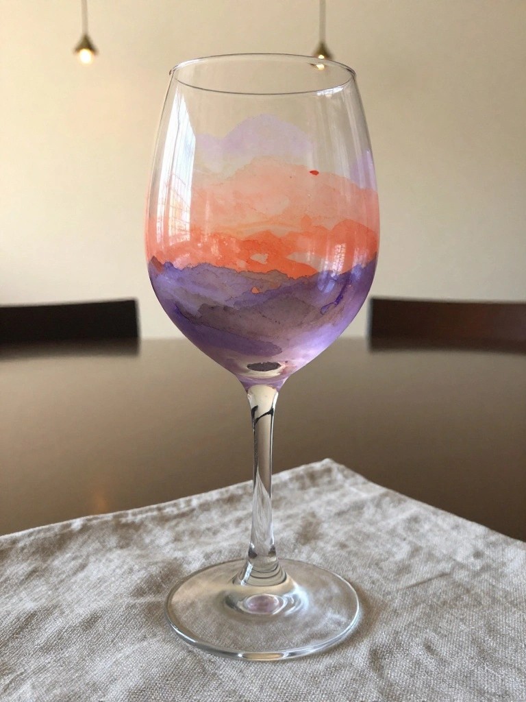Wine glass with orange purple pink watercolor painting on beige cloth