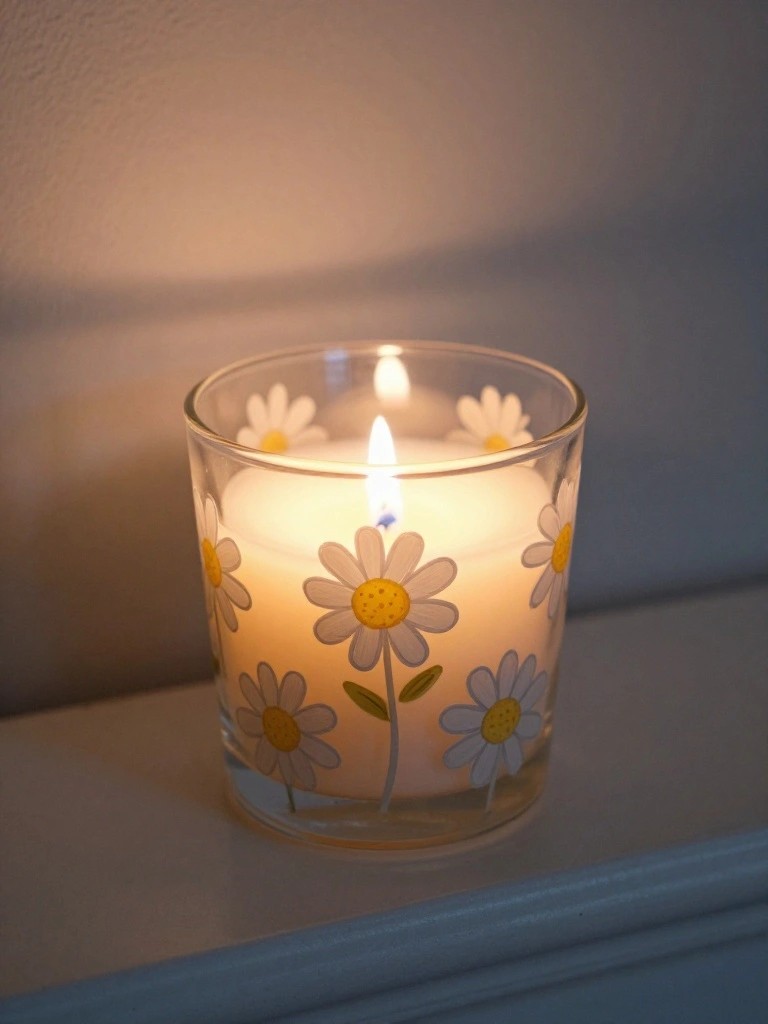 Lit white candle in daisy-decorated glass jar casting warm glow