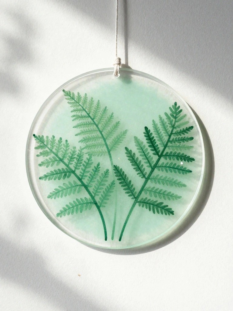 Round transparent disc with green ferns hanging by string on white wall
