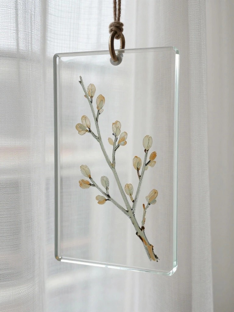 Clear glass panel with embedded twig and buds hanging from cord against curtain