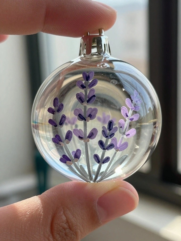 Hands holding clear glass ornament painted with purple lavender flowers
