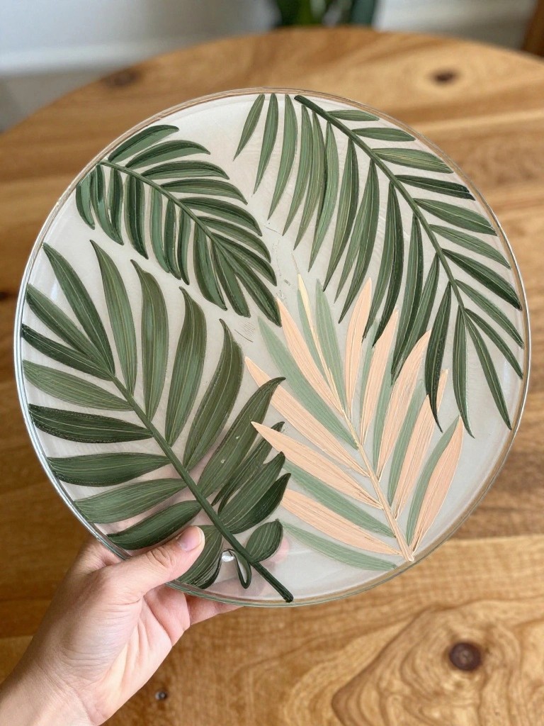 Hand holding round glass tray with green and peach palm leaf paintings on wood table