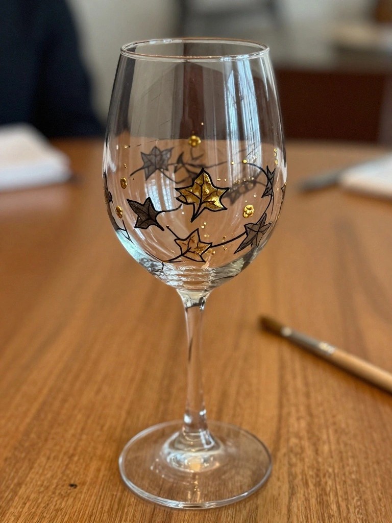 Clear wine glass with gold foil and black leaf designs on wooden table.