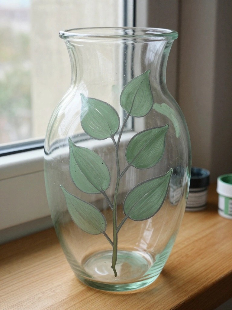 Glass vase with hand-painted green leafy branch on wooden windowsill near paint jars