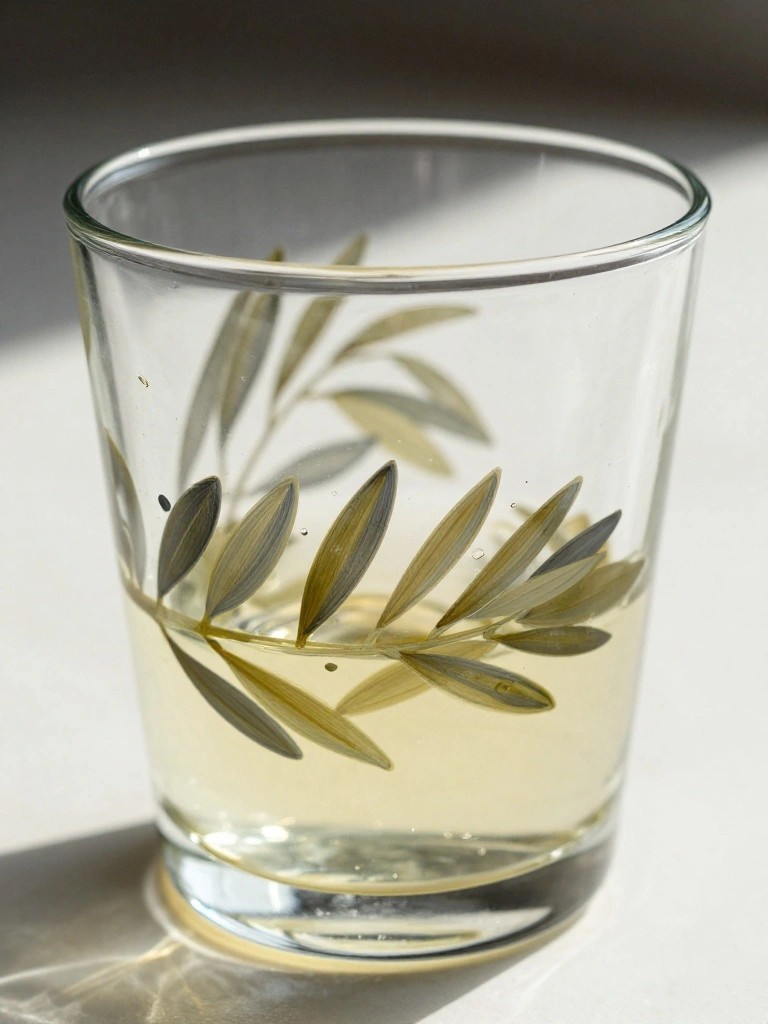 Clear glass with pale yellow liquid and painted green leaf branch