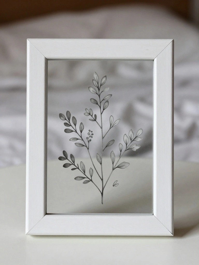White frame with minimalist ink drawing of leafy plant branch on white surface.