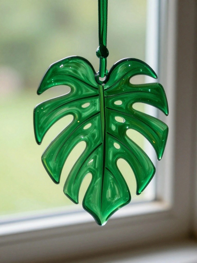 Glossy green glass monstera leaf hanging from ribbon before window.