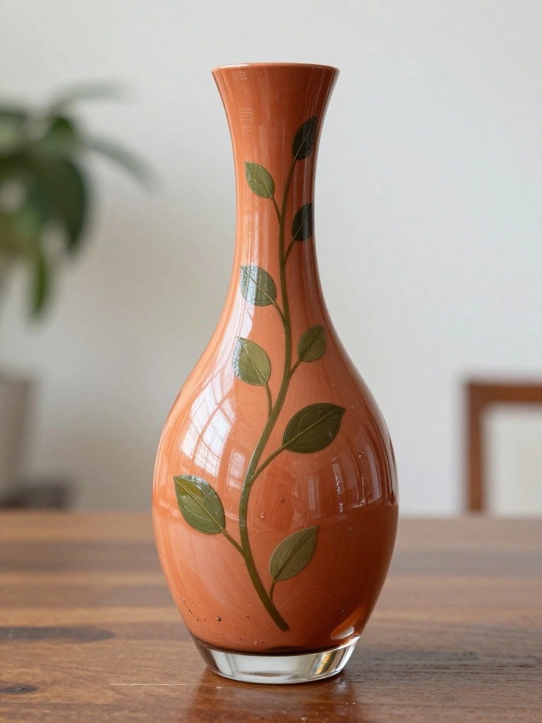 Orange vase with green leaf vine on wooden table surface