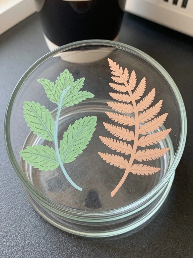 A clear round glass bowl with a green leafy stem painted on the left side and a peach fern frond painted on the right side, resting on a dark surface.