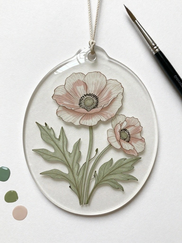 Clear oval ornament with pink poppies, green leaves, paintbrush, and swatches