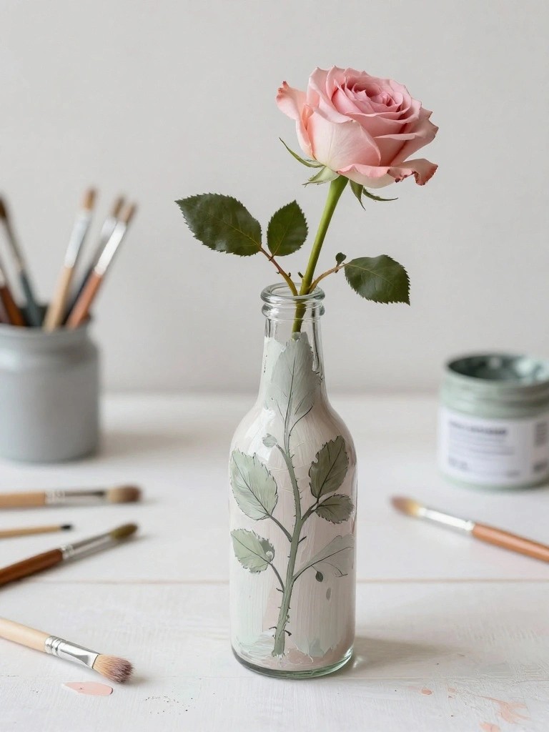 Pink rose in hand-painted glass bottle amid scattered brushes on white table