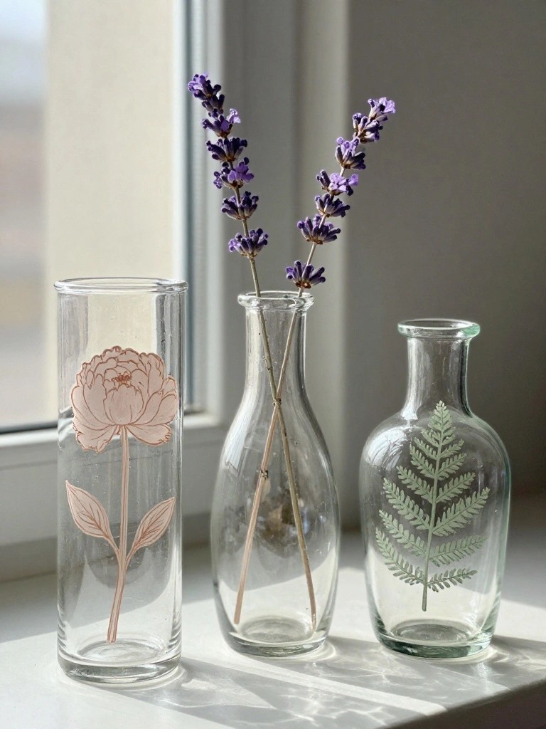 Three glass vases on sunny windowsill with peony, lavender, and fern etchings.
