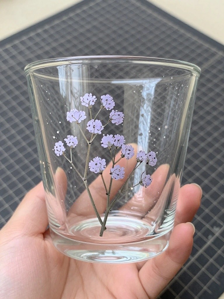 Hand holding clear glass tumbler with purple flowers and white speckles on grid mat