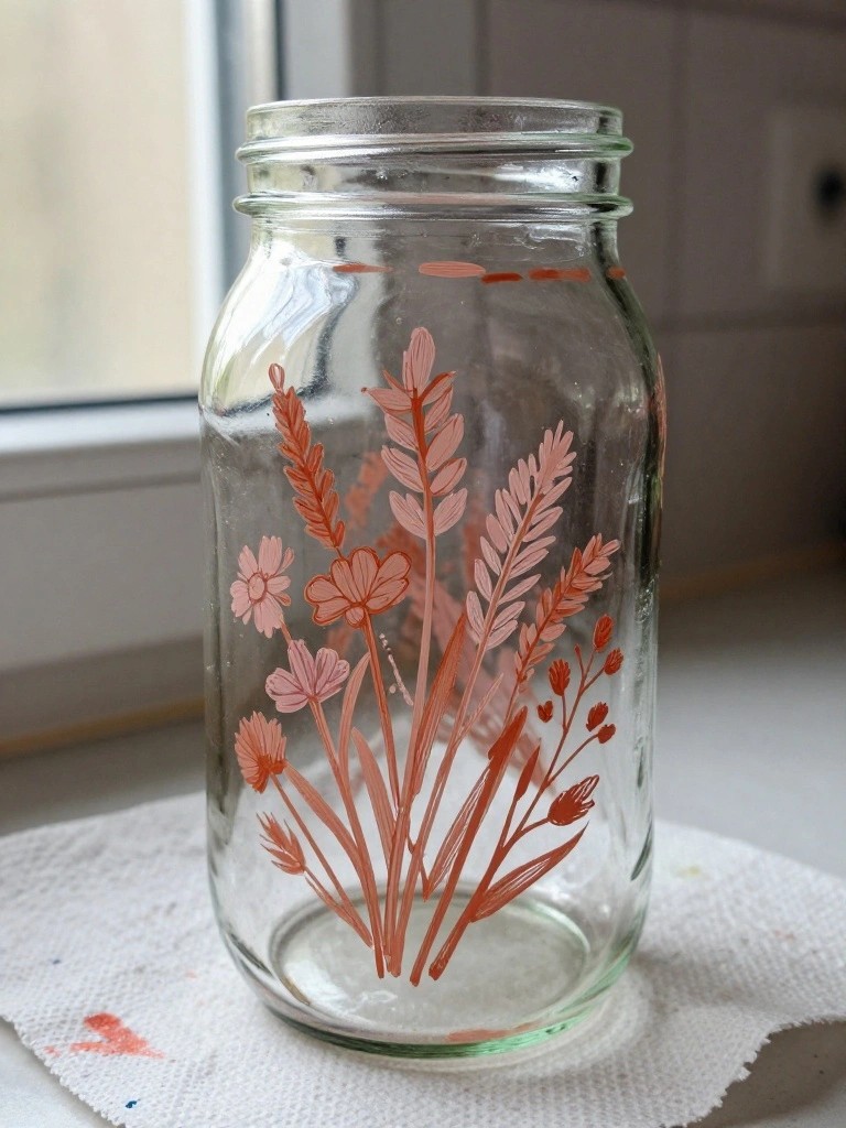 Clear glass jar with pink and orange wildflower paintings on white cloth
