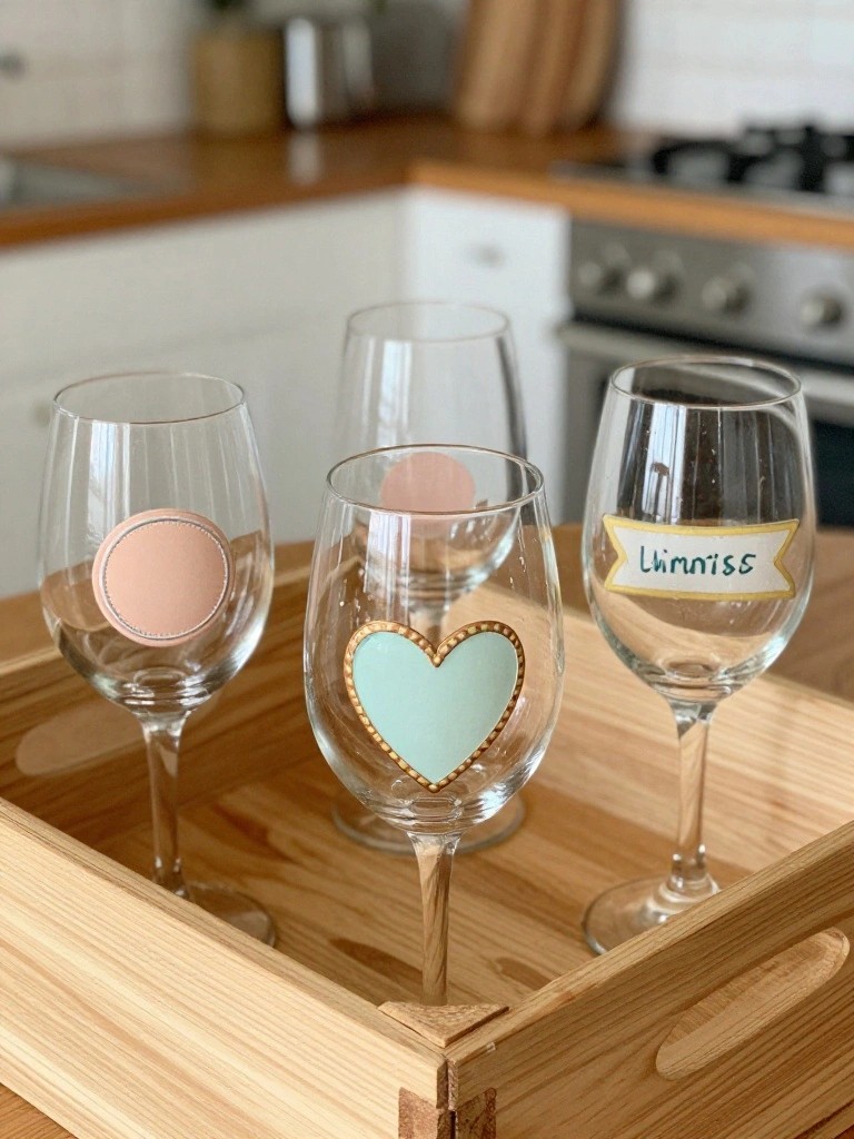 Three wine glasses with pink circle, blue heart, and yellow label stickers in wooden tray.