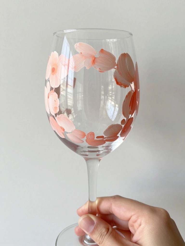 Hand holding clear wine glass with pink painted flowers on stem