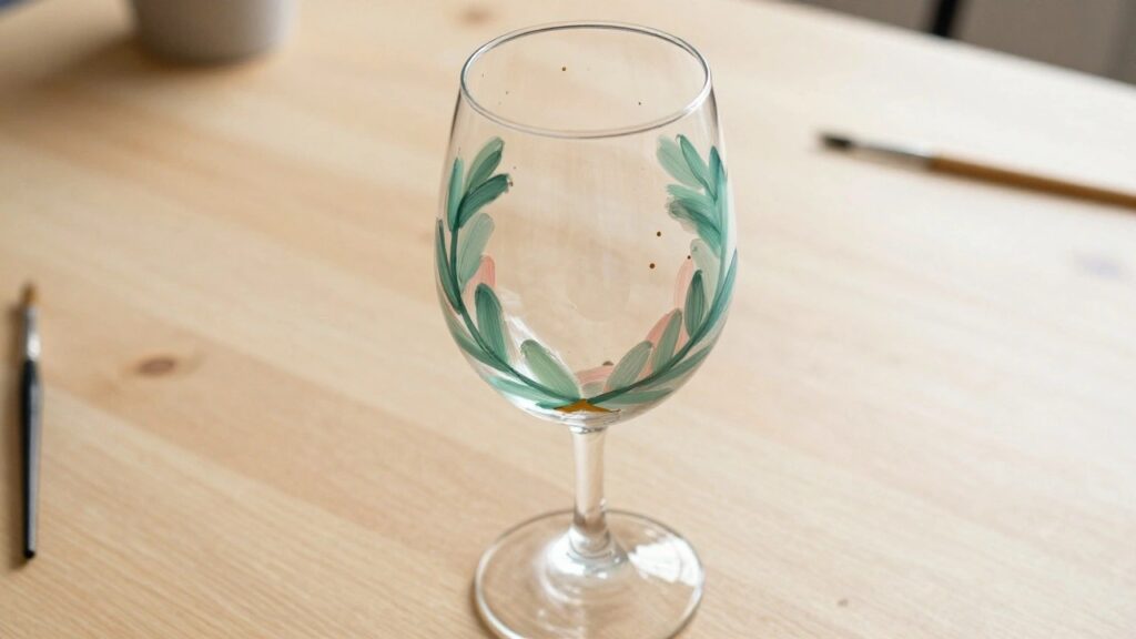 20 Classic Wine Glass Painting Ideas Built Around Monograms and Names Wine glass hand-painted with green leaves and gold dots on wooden table beside paintbrush