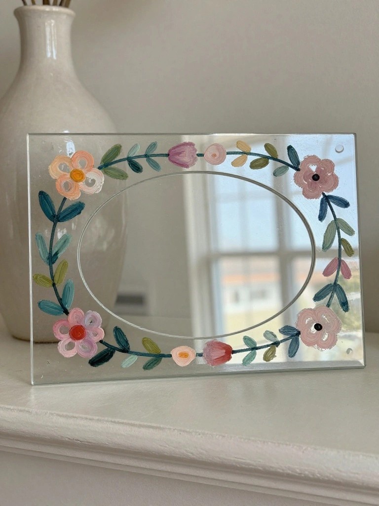 Clear glass frame with colorful painted flowers and leaves around oval opening