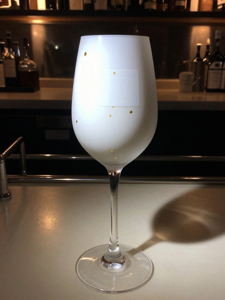 Frosted white wine glass with gold dots and blank label on bar counter