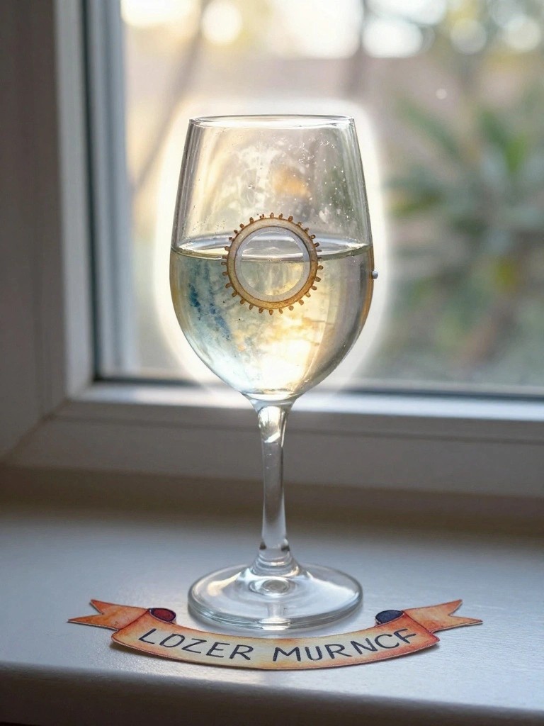 Wine glass with gear emblem in liquid above LOZER MURNCF banner on sill