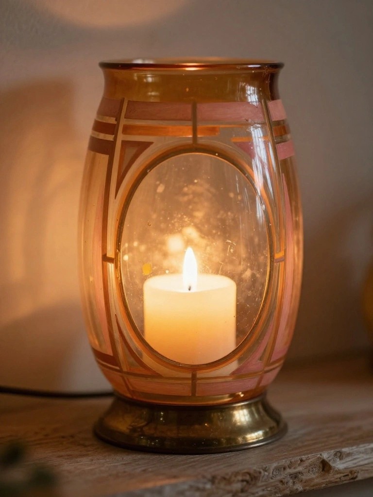 Lit candle glowing in amber glass lantern with pink geometric patterns and brass base.
