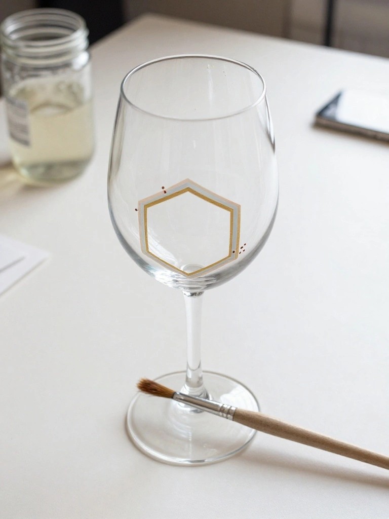A clear wine glass with a gold hexagon outline and small red dots sits on a white table next to a paintbrush.