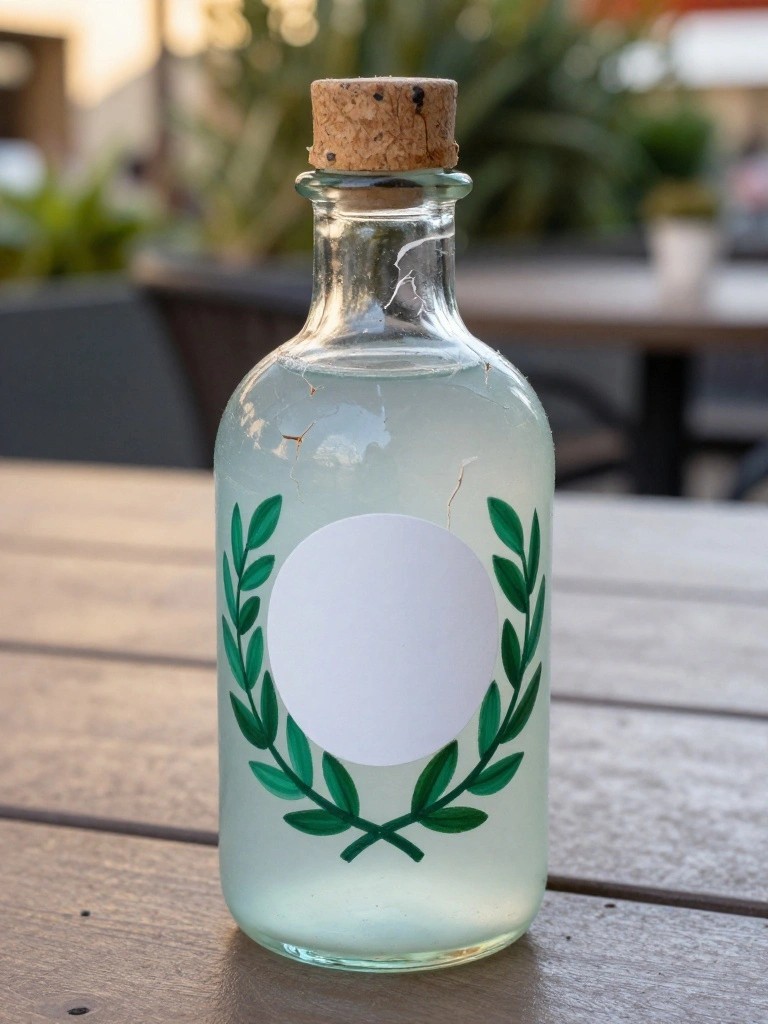 Corked glass bottle with pale liquid and green laurel wreath label on wood.