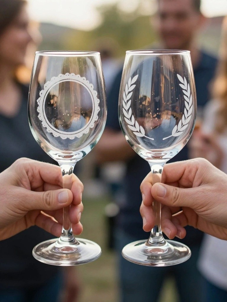 Hands toasting with etched wine glasses at an outdoor gathering