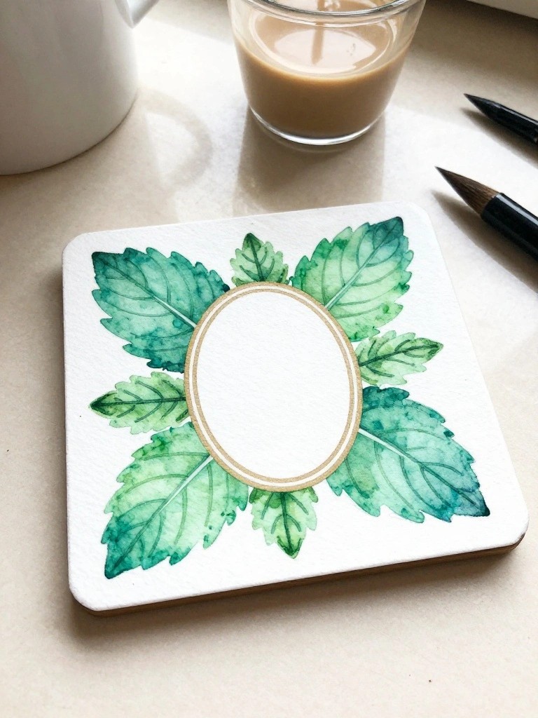 Watercolor green leaves circle a blank gold oval on a white square coaster