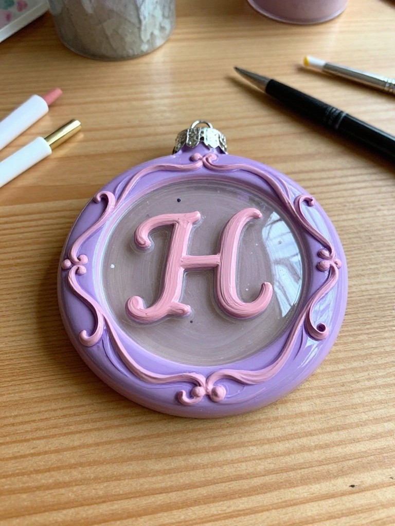 Ornate purple ornament with pink monogram H and decorative swirls on wooden table