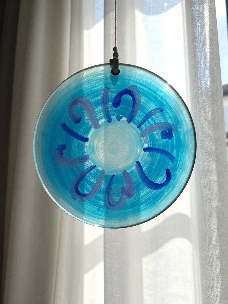 Hanging blue glass disc with swirling patterns against white curtains in sunlight