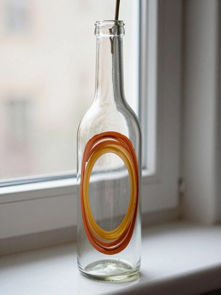 Glass bottle with swirling orange and yellow rings on a windowsill.