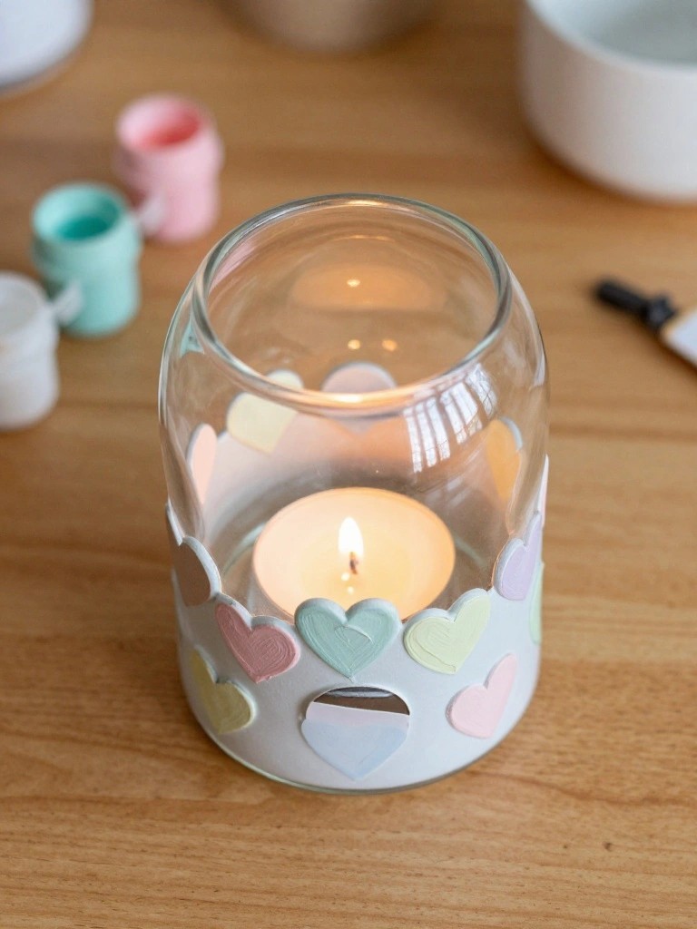 Glass jar lantern with pastel hearts and lit candle on wooden table