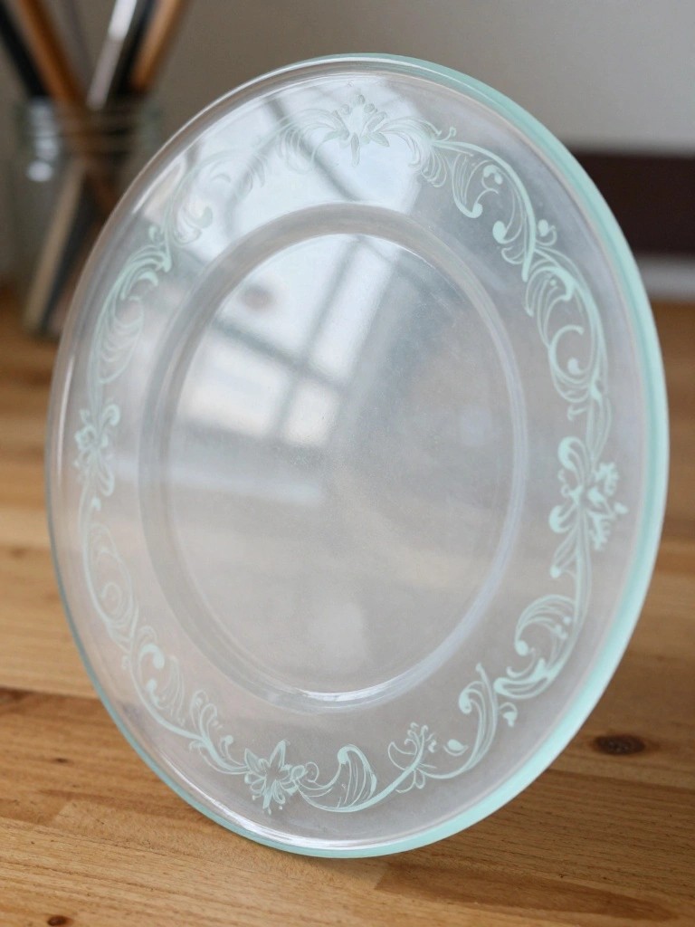 Clear glass plate with ornate etched scrollwork and light turquoise rim on wood.
