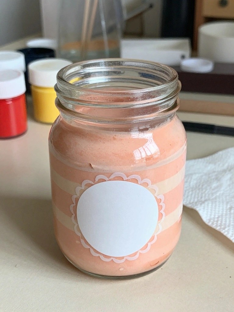 Open glass jar of peach paint with striped label and blank white sticker