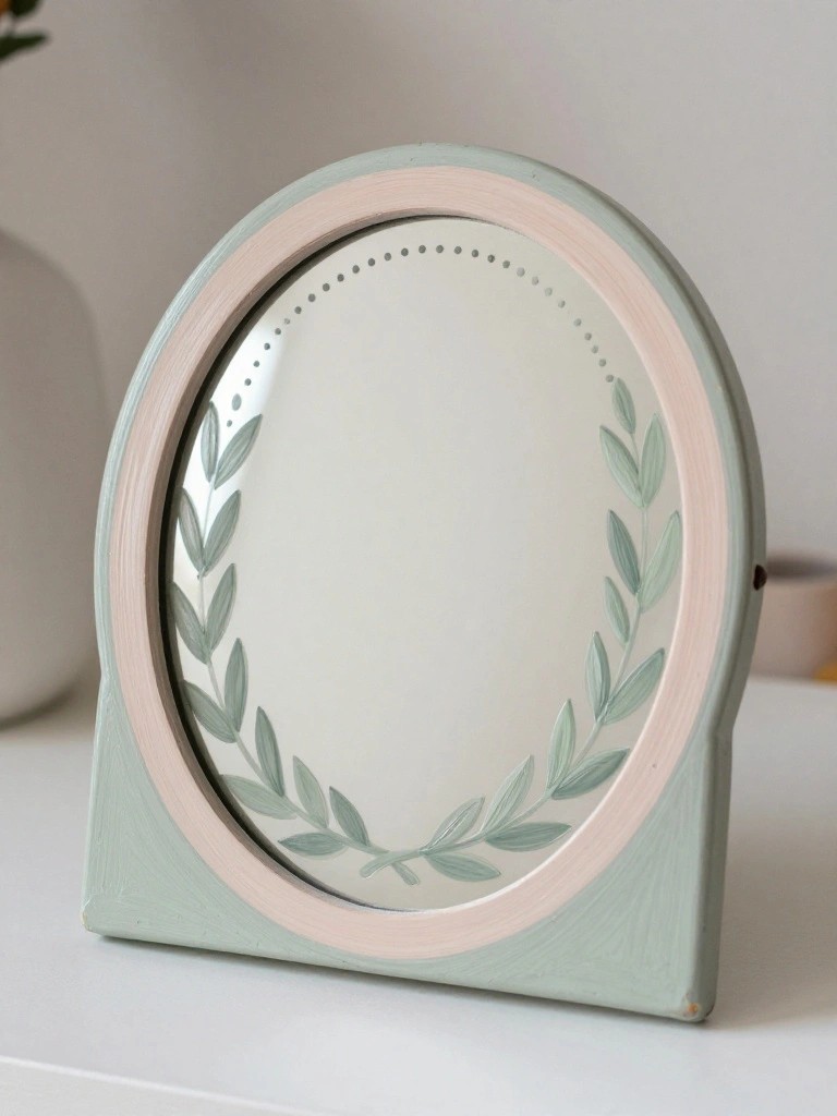 Oval mint green frame with pink rim and painted green leaf wreath